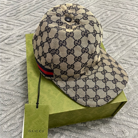 Gucci Tan Monogram Cap with Red and Blue Stripe